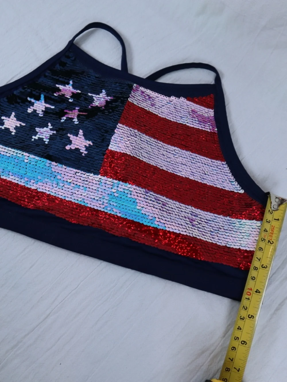 Justice Kid's Size 20 plus American Flag Flip Sequins Swim Top Red/White/Blue
